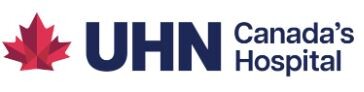 UHN logo, red maple leaf with UHN Canada's Hospital beside it